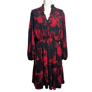 London Times Romantic Black Red Floral Smocked Tiered Dress 18W Long Sleeve